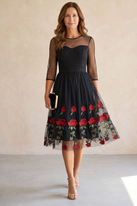Romantic Rose Embroidered Tulle Cocktail Dress