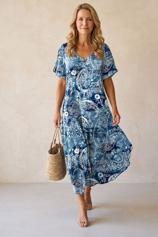 Short Sleeve Bohemian Pattern Summer Maxi Dress - Plus Size