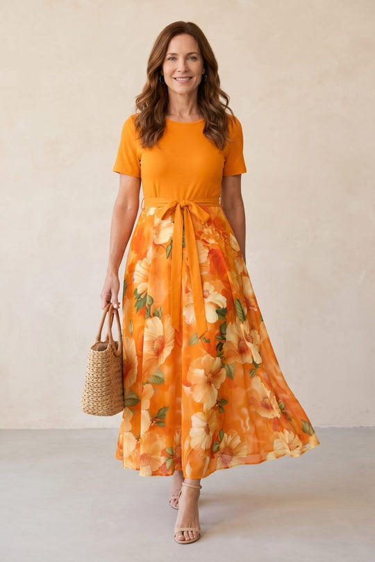 Short Sleeve Floral A-Line Maxi Dress