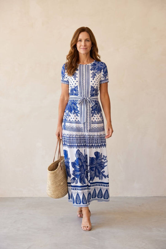 Short Sleeve Floral Pattern Belted Maxi Dress