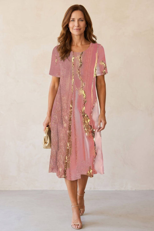 Short Sleeve Gathered Waist Midi Dress