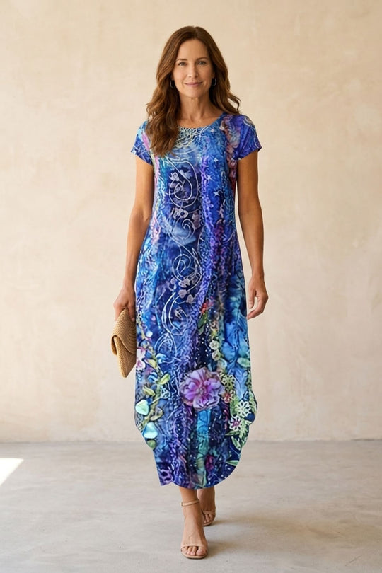Short Sleeve Mixed Print Pocket Bohemian Maxi Dress