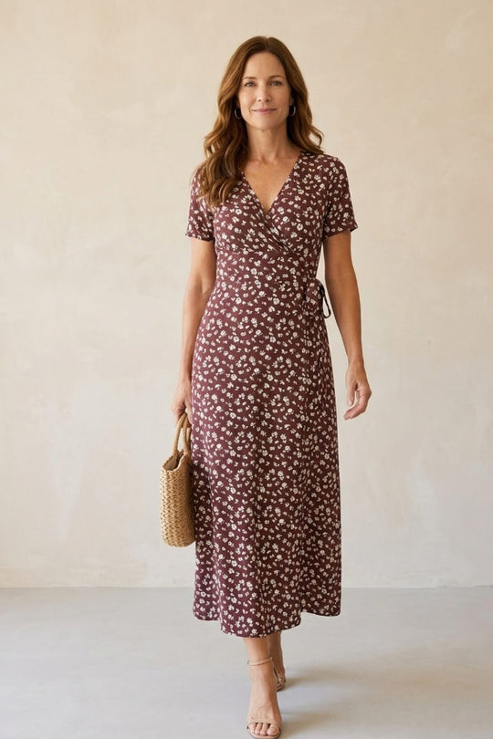 Short Sleeve Surplice Floral Long Dress