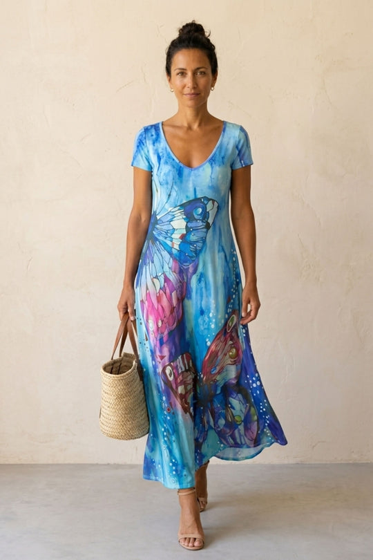 Sleeveless Halter Neck Butterfly Print Boho Summer Dress