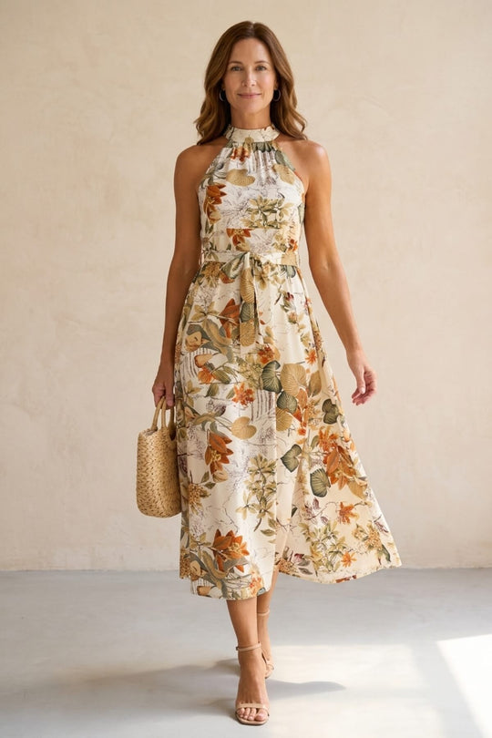 Sleeveless High Neck Floral Midi Bohemian Dress