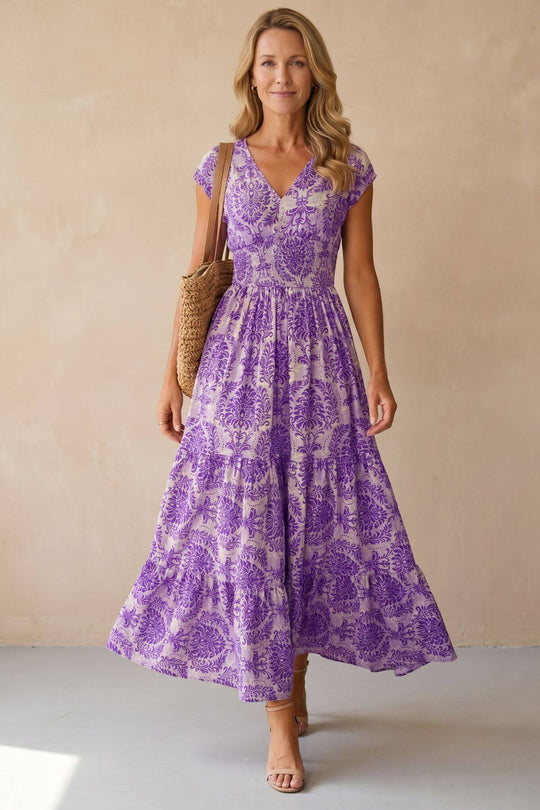 Smocked Bodice Vintage Print Bohemian Dress