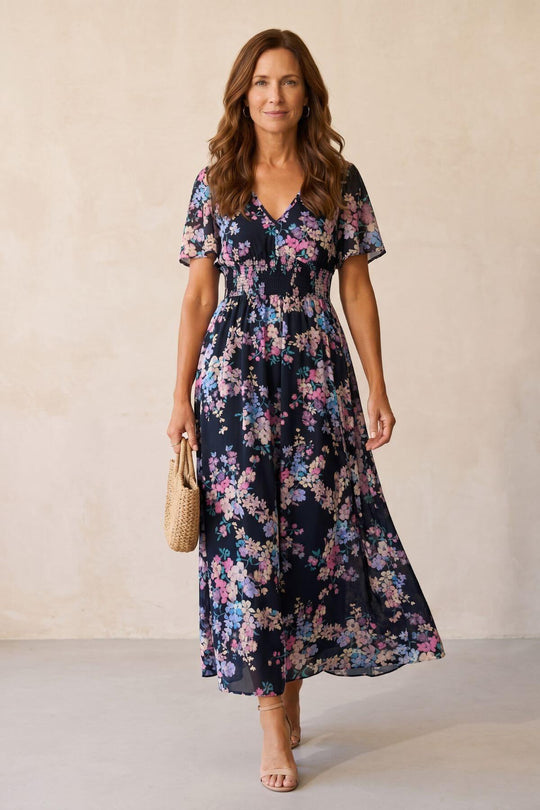 Smocked Waist V-Neck Casual Floral Dress