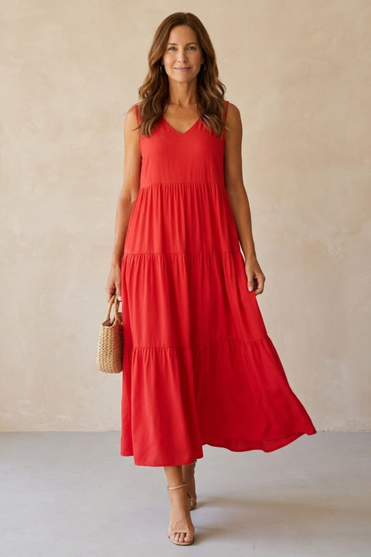 Solid Tiered Sleeveless Bohemian Summer Dress