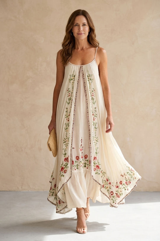 Spaghetti Strap Floral Border Maxi Boho Dress