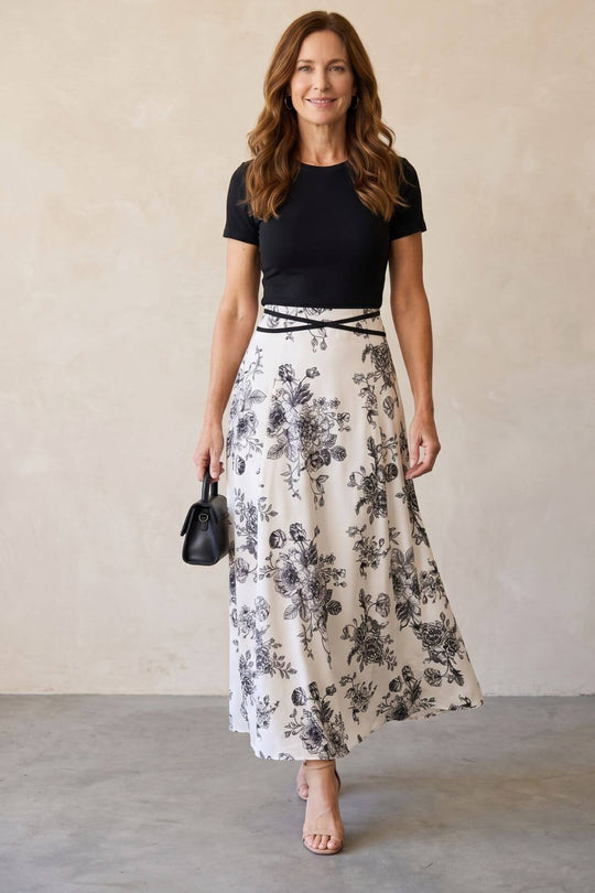 Square Neck Contrast Bodice Floral Maxi Dress