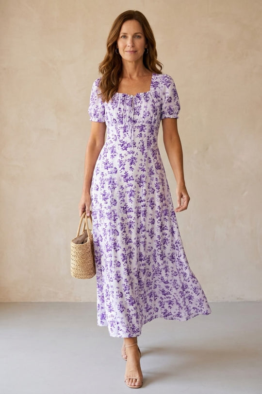 Square Neck Puff Sleeve Floral Maxi Dress
