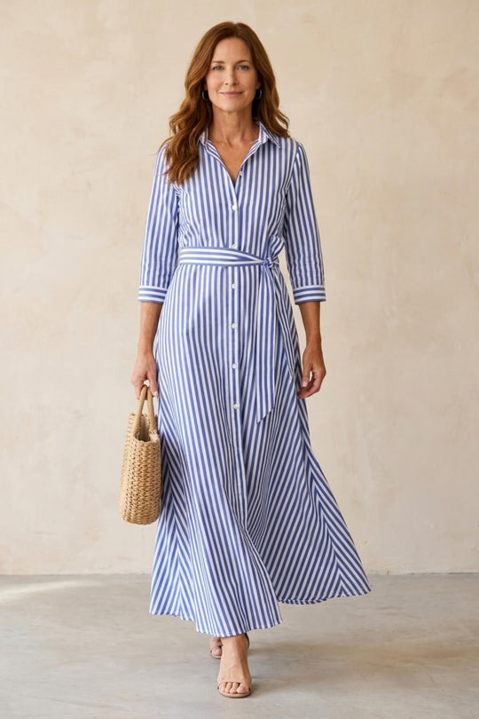 Striped Button Down Tie Waist Boho Maxi Dress
