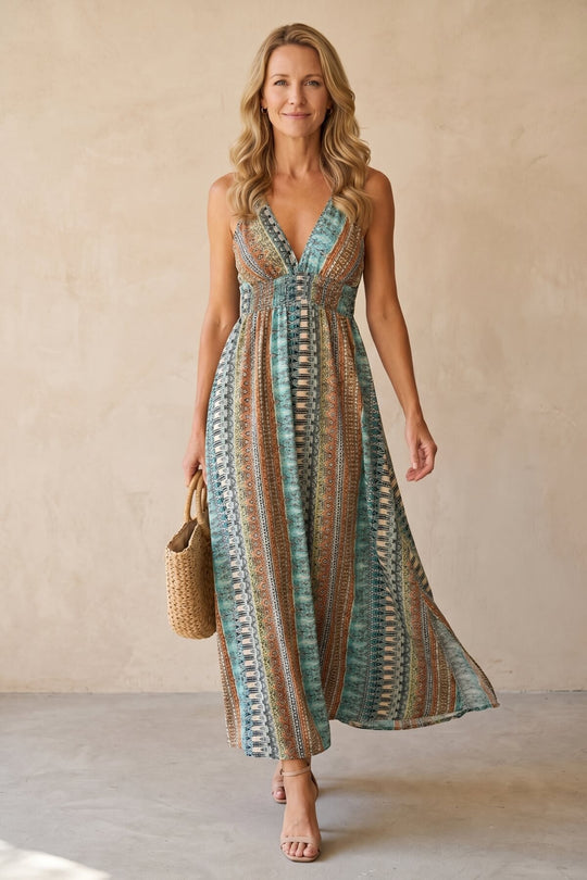 Summer Bohemian Sleeveless Mixed Print Slit Dress