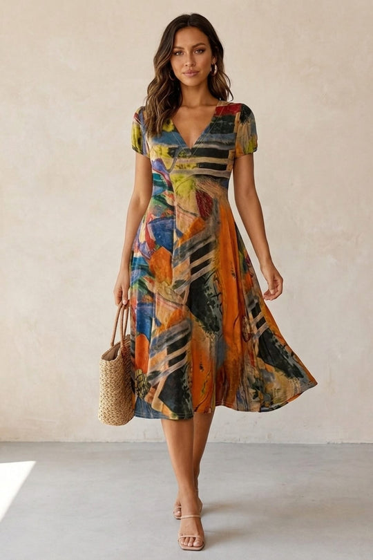 Summer Abstract Print V-Neck Bohemian Dress