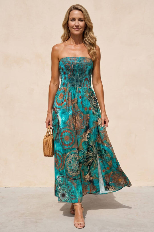 Summer Strapless High Slit Bohemian Dress