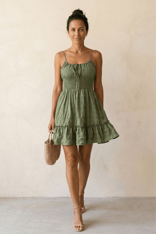 Textured Tie-Front Smocked Bodice Summer Dress