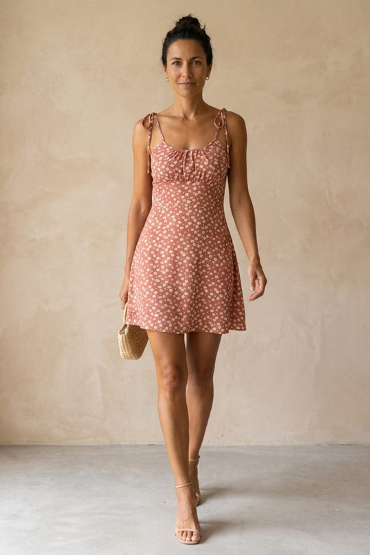 Tie-Shoulder Floral Print A-Line Dress