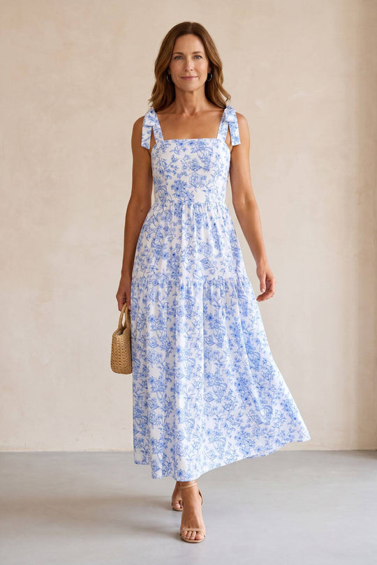 Tie Shoulder Floral Pattern Tiered Maxi Dress