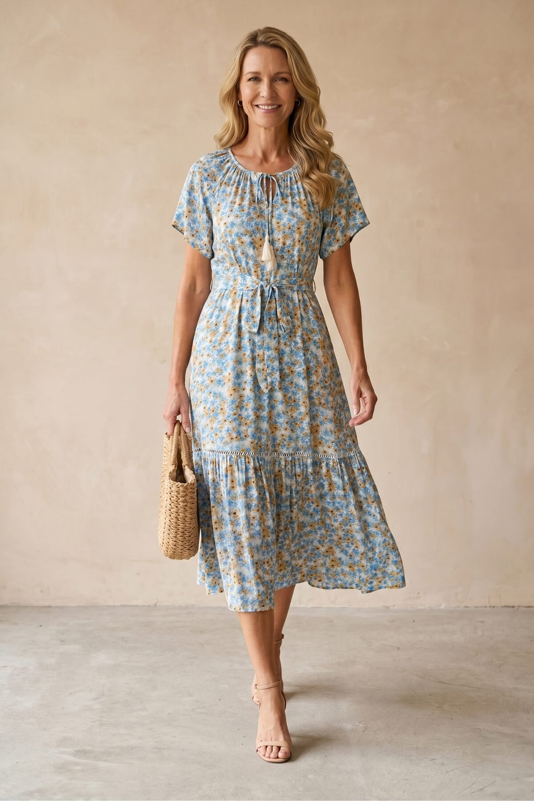Tiered Hem Ditsy Floral Bohemian Midi Dress