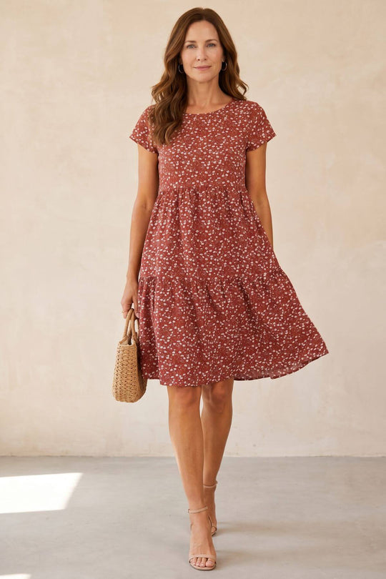 Casual Floral Round Neck Tiered Dress