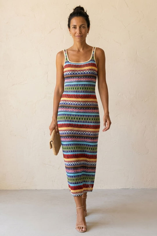 Tribal Stripe Scoop Neck Split Maxi Dress
