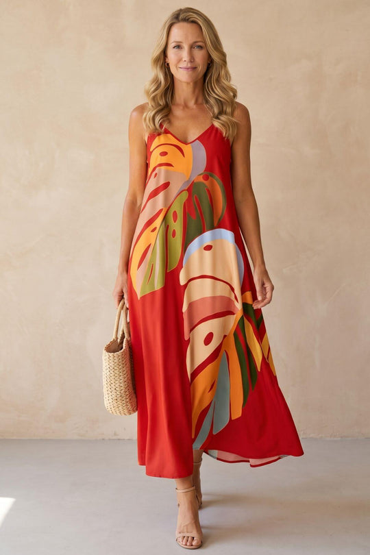 Tropical Leaf Print Sleeveless Maxi Dress