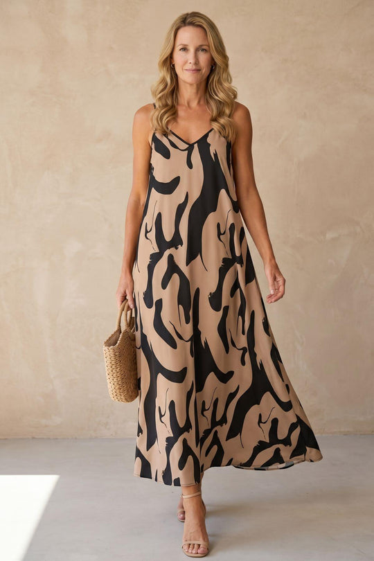 V-Neck Abstract Pattern Flowy Boho Maxi Dress