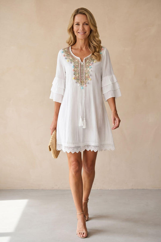 V-Neck Boho Embroidered Mini Dress with Tassel Ties - Plus Size