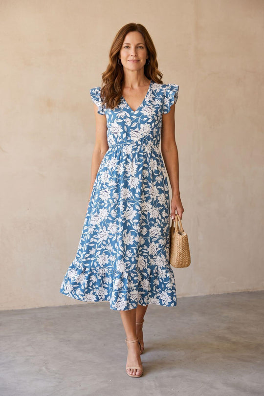 V-Neck Floral Pattern Flutter Sleeve Summer Dress