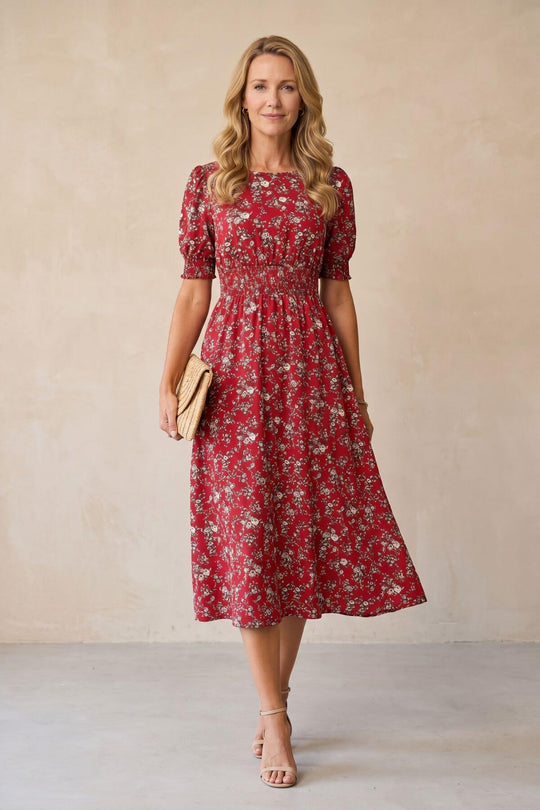 Casual Smocked Ditsy Floral Midi Dress