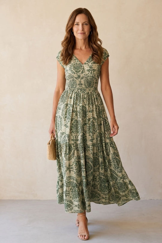 Vintage Motif V-Neck Flowy Maxi Summer Dress