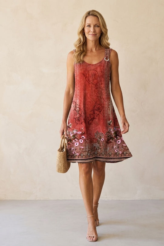 Vintage Paisley Print Metal Ring Dress