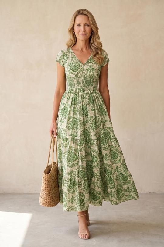 Wide Smocked Waist Intricate Print Flowy Dress
