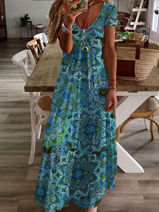 Casual V-Neck Kaleidoscopic Pattern Long Dress