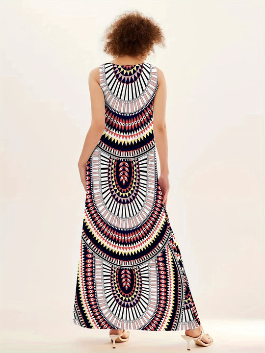 Summer Bohemian Sleeveless Tribal Print Maxi Dress
