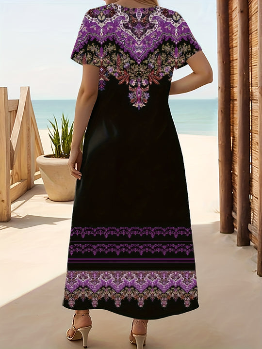Boho Ethnic Print Side Slit Dress