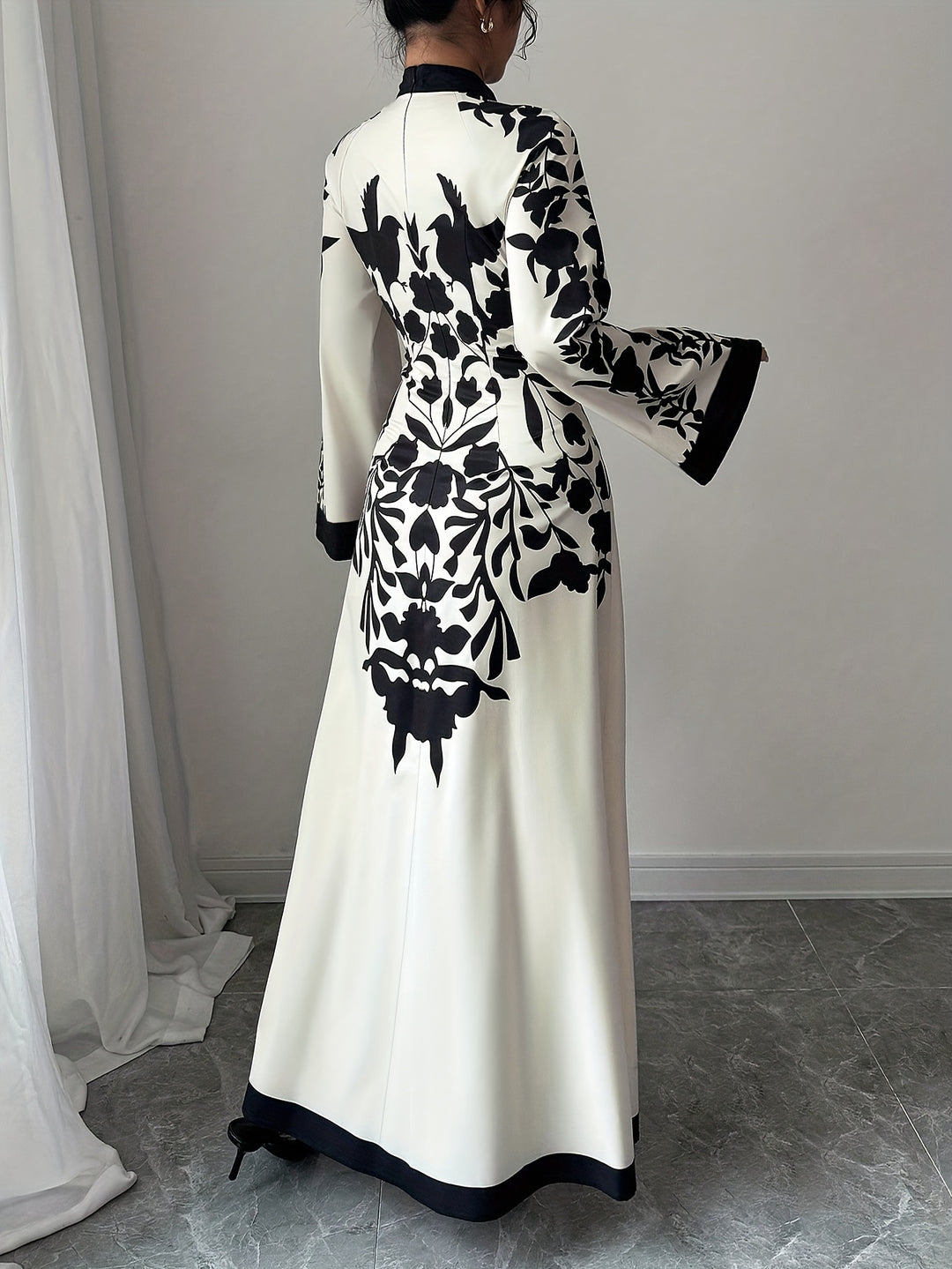 Flared Sleeve Long Floral Panel Evening Maxi Dress
