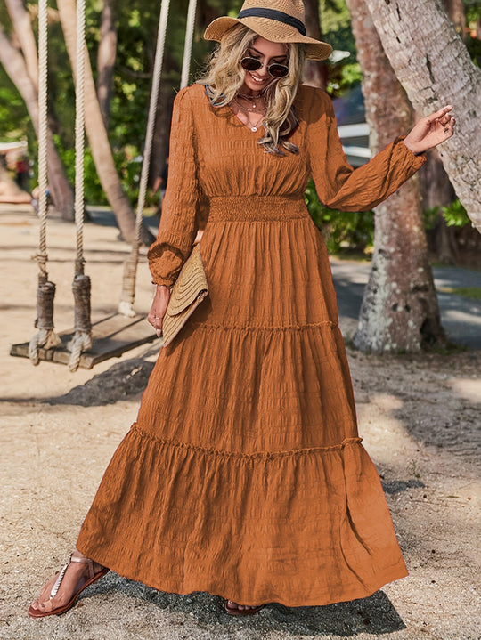 Textured Fabric Tiered Bohemian Maxi Dress