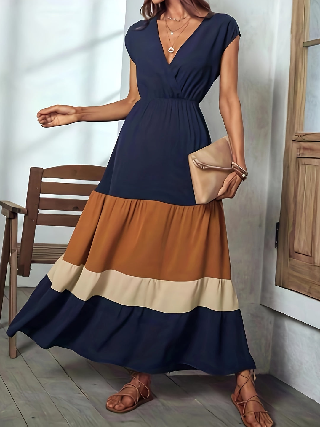 Bohemian Tiered Color Block Summer Dress