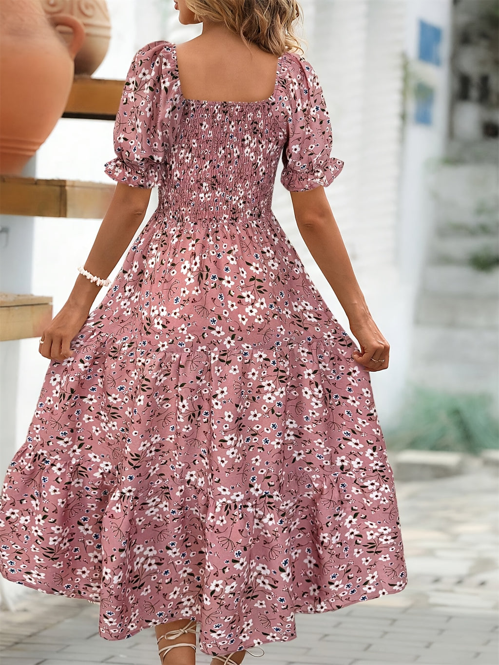 Bohemian Puff Sleeve Tiered Midi Dress