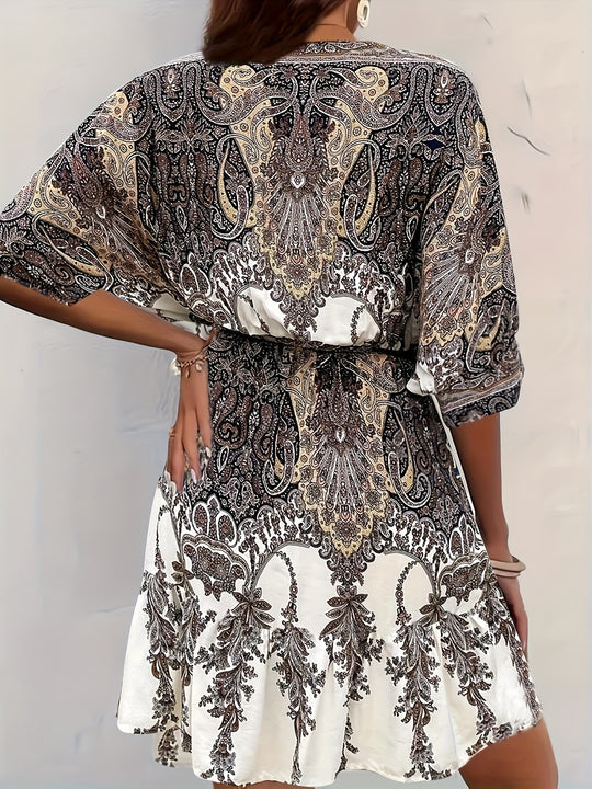 Bohemian Bell Sleeve Tie Waist Mini Dress