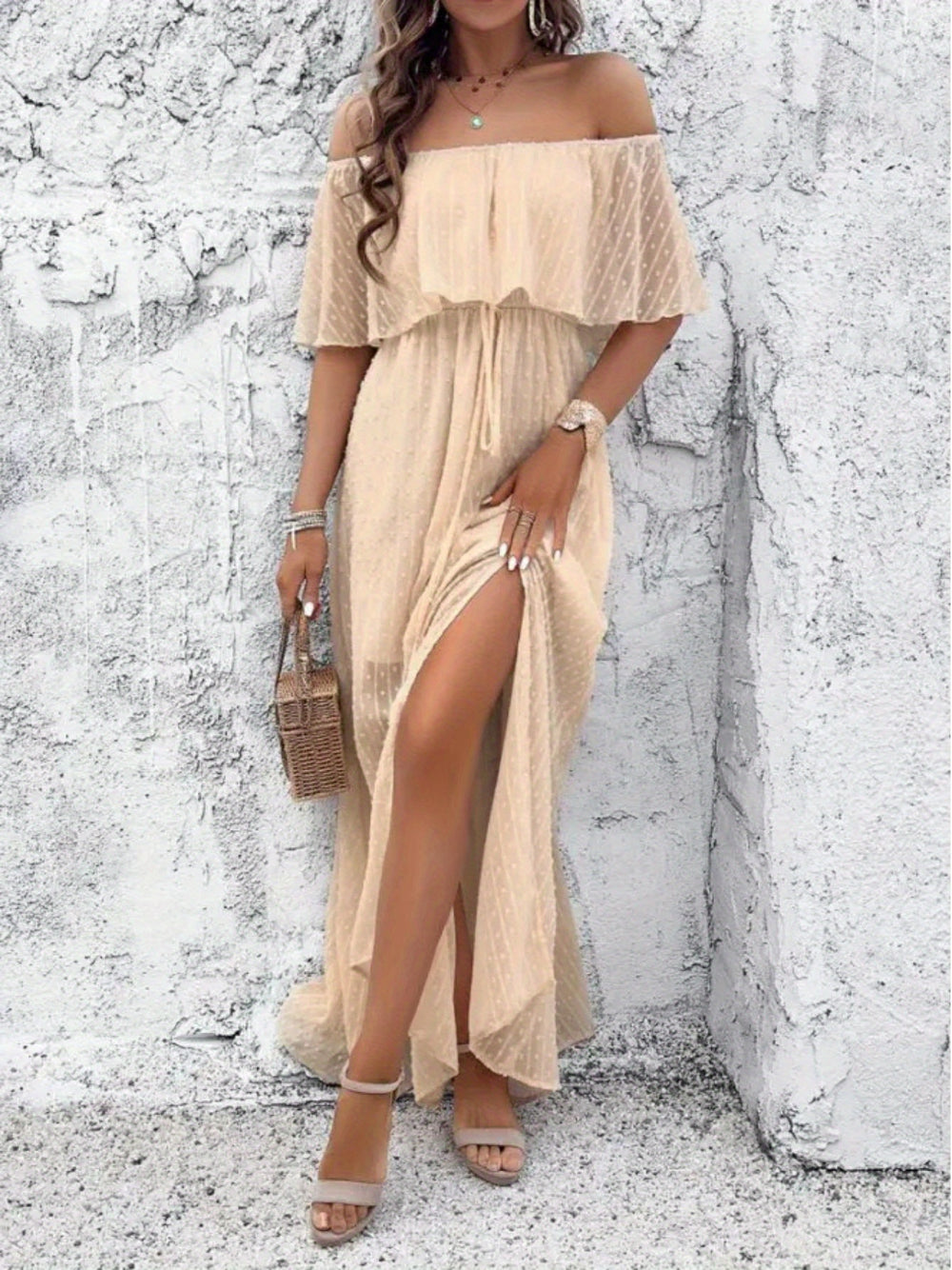 Off The Shoulder Ruffle Swiss Dot Maxi Dress