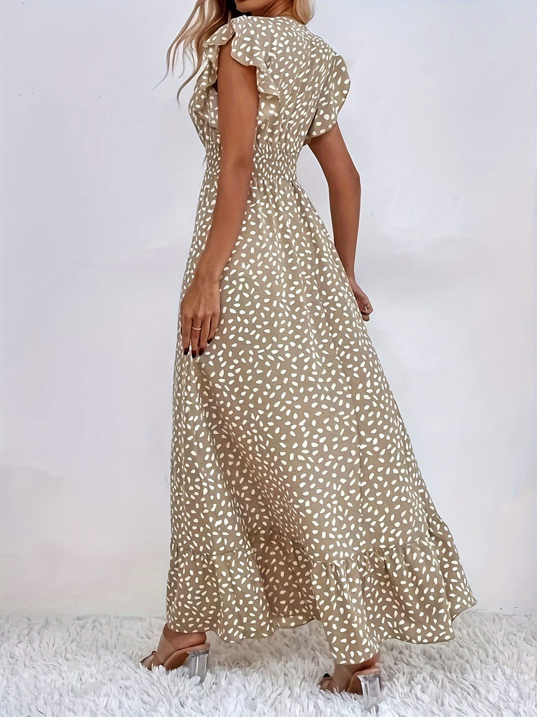 Flutter Sleeve Smocked Waist Speckled Maxi Dress