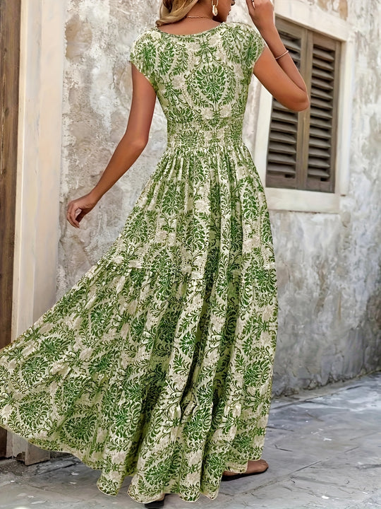Ornate Print Tiered Smocked Boho Summer Dress