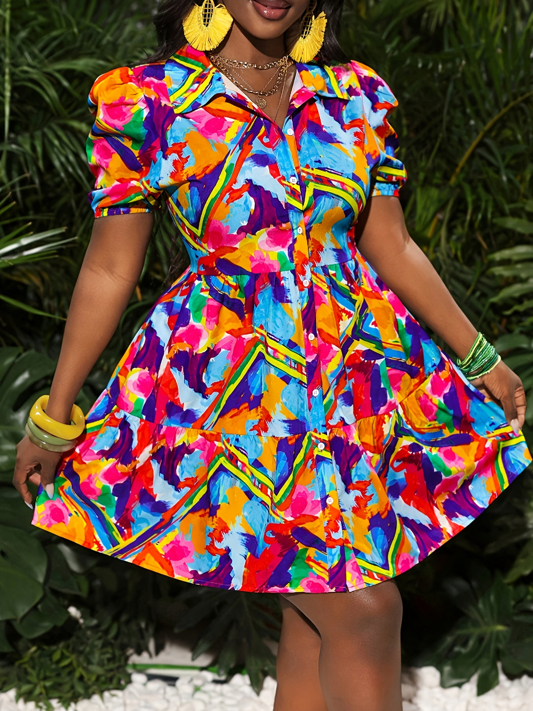 Vibrant Abstract Button Down Mini Dress