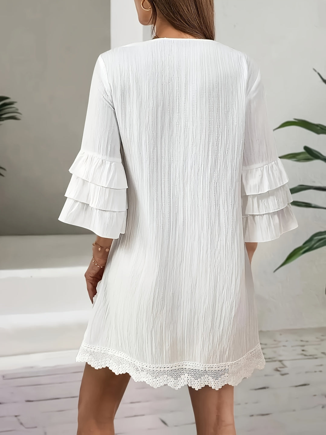 V-Neck Boho Embroidered Mini Dress with Tassel Ties - Plus Size