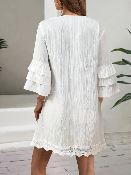 V-Neck Boho Embroidered Mini Dress with Tassel Ties - Plus Size