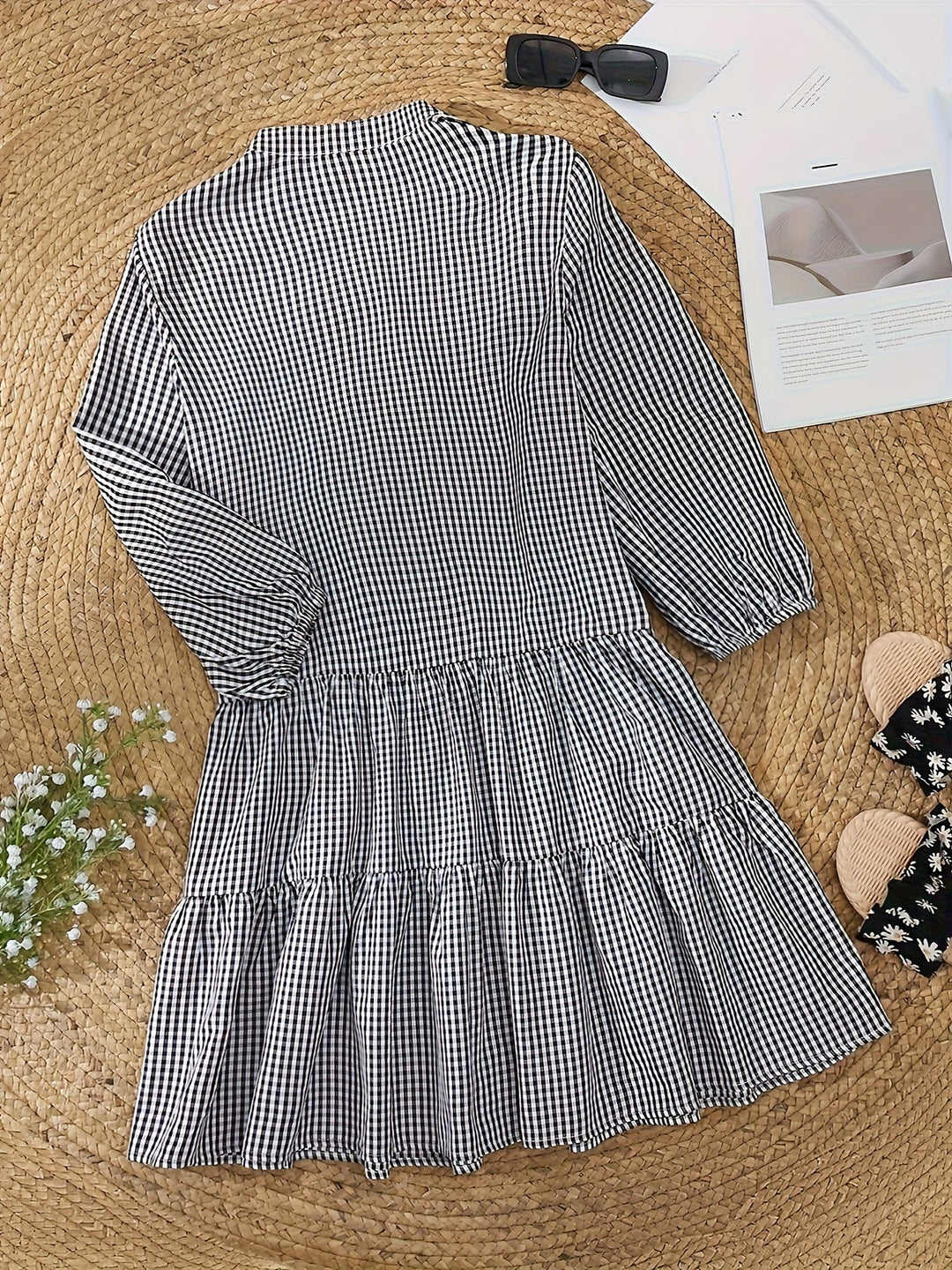 Checkered V-Neck Half Sleeve Bohemian Mini Dress