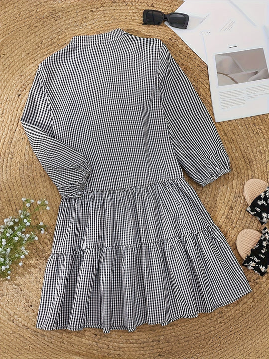 Checkered V-Neck Half Sleeve Bohemian Mini Dress