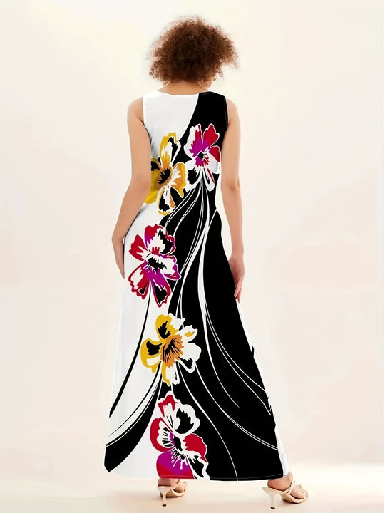 Abstract Floral Print Sleeveless Long Dress